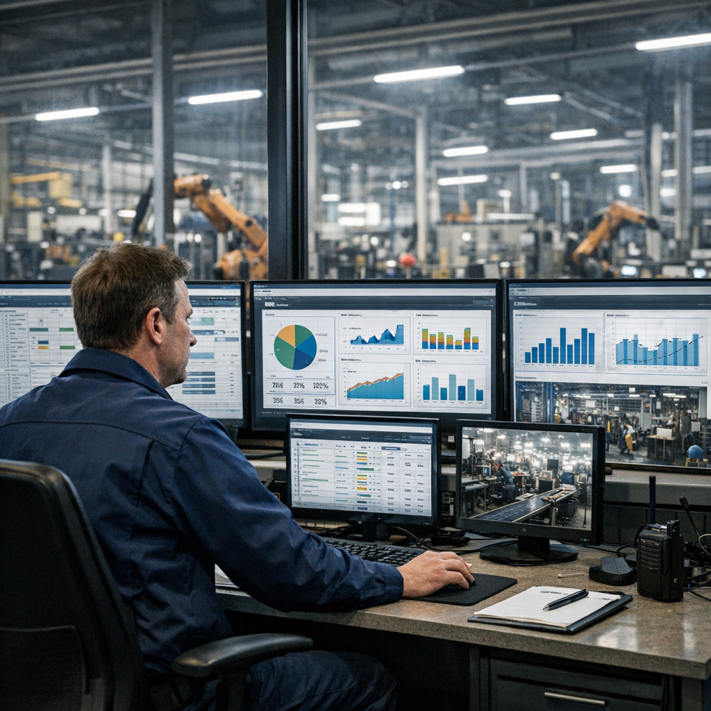 Inżynier monitorujący KPI MES i ERP na hali produkcyjnej