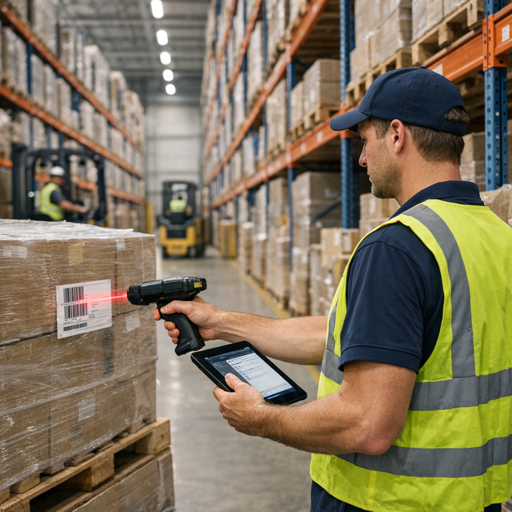 Operator magazynu skanujący palety w procesie WMS